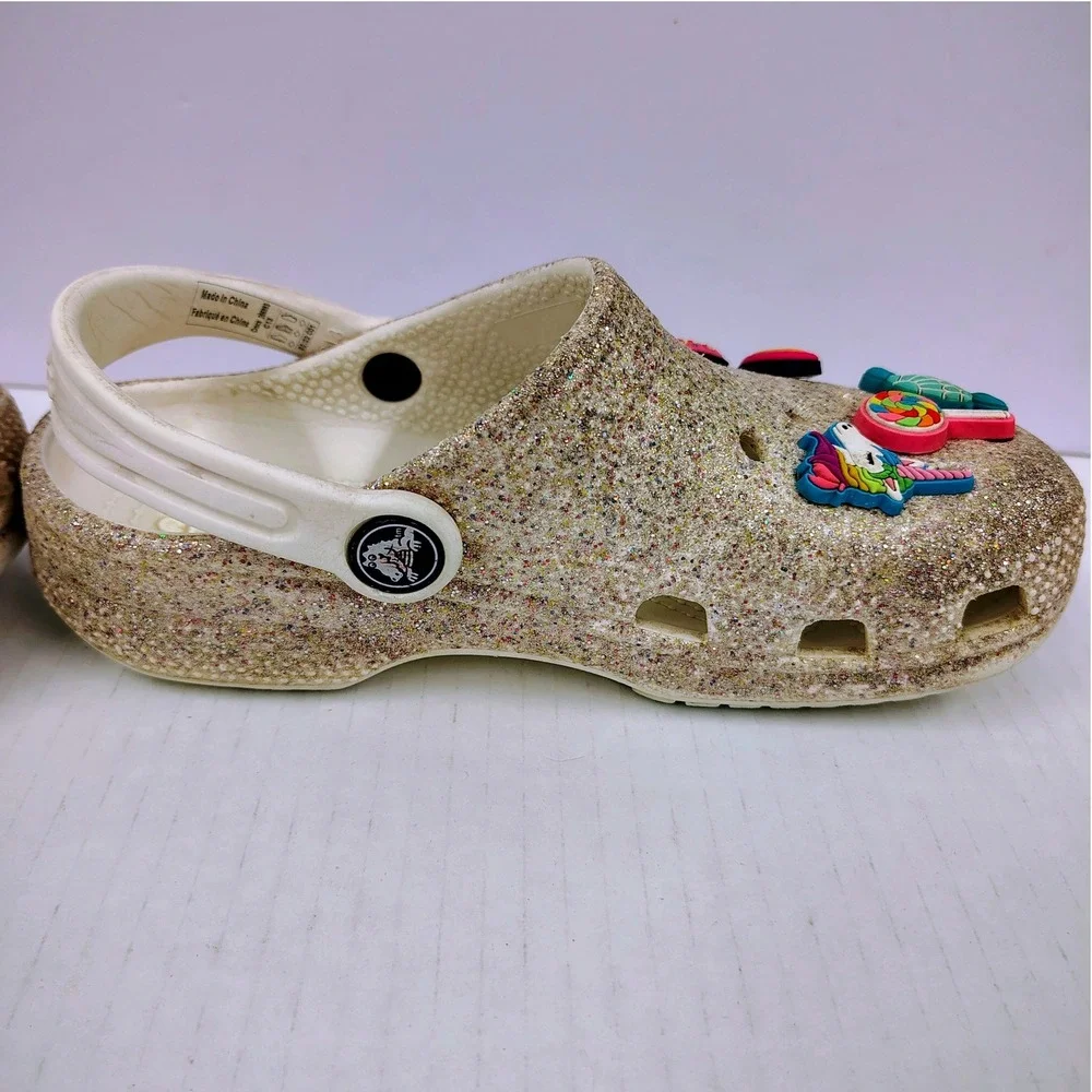 Crocs Classic Glitter Clog Silver Multi Sparkle Shoes with Jibbitz Charms C13